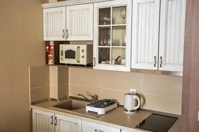 a kitchen with white cabinets and a sink and a microwave at Planinska bajka - Kraljevi čardaci in Kopaonik