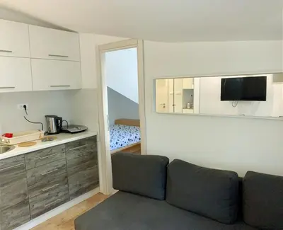 a living room with a couch and a kitchen at Vila Plan - Centar Kopaonik in Kopaonik