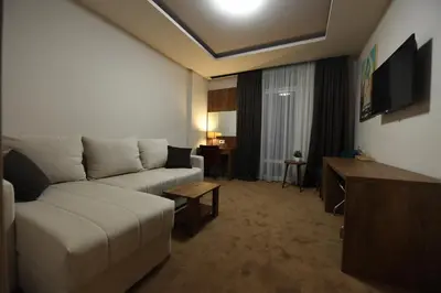 a living room with a couch and a tv at Hammeum Hotel in Prokuplje