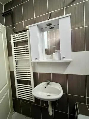 a bathroom with a white sink and a mirror at apartman centar S in Pirot