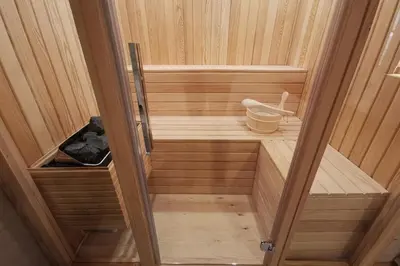 a small wooden sauna with a door open at Kostovac Boutique Homes - Sauna in Kopaonik