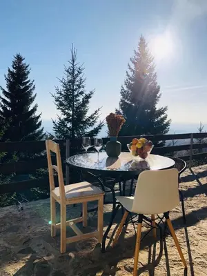a table and chairs with wine glasses and trees at Kostovac Boutique Homes - Sauna in Kopaonik