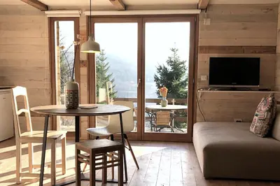 a living room with a table and a couch and a television at Kostovac Boutique Homes - Sauna in Kopaonik