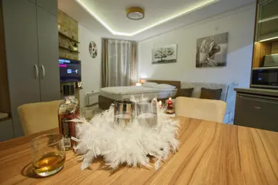 a table with wine glasses and a bottle on it at Apartman BIG Milmari S19 in Kopaonik