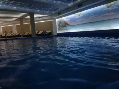 a swimming pool in a hotel with a painting on the wall at Apartman BIG Milmari S19 in Kopaonik