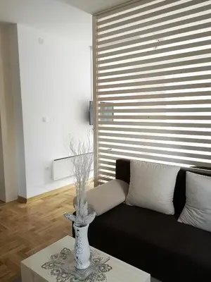a living room with a black couch and a vase on a table at Apartman Downtown in Vrnjačka Banja