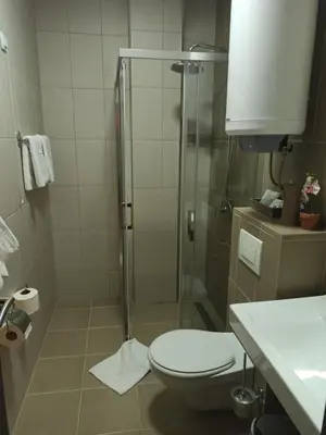 a bathroom with a shower with a toilet and a sink at Vila Lucky Kop & Restoran in Kopaonik