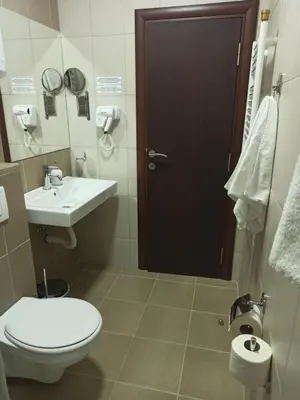 a bathroom with a toilet and a sink and a door at Vila Lucky Kop & Restoran in Kopaonik