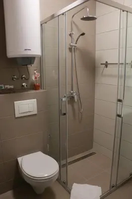 a bathroom with a toilet and a glass shower at Vila Lucky Kop & Restoran in Kopaonik