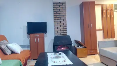a living room with a couch and a fireplace at Sky 3 in Kopaonik
