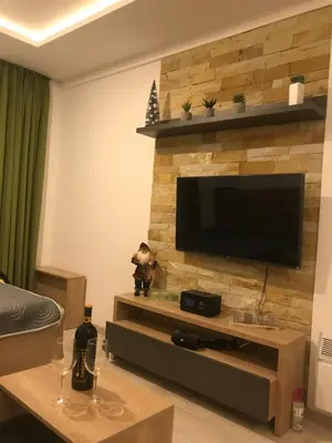 a living room with a flat screen tv on a stone wall at Apartment Sunny Valley Milmari S-9 in Kopaonik