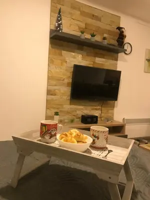 a coffee table with a bowl of food on it at Apartment Sunny Valley Milmari S-9 in Kopaonik