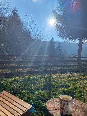 a cup of coffee sitting on a table next to a bench at Weekendica in Kopaonik