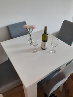 a white table with a bottle of wine and two glasses at Anilux studio in Vrnjačka Banja