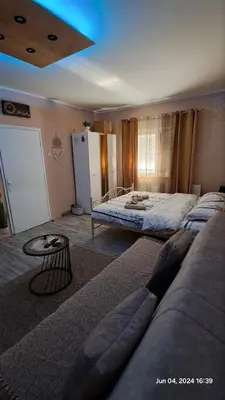 a bedroom with a bed and a couch and a table at Apartman Iva in Zaječar