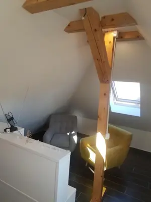 a living room with a chair and a mirror at Apartman Tea in Kopaonik