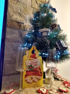 a table with two wine glasses and a christmas tree at Pčelica L15 Milmari in Kopaonik
