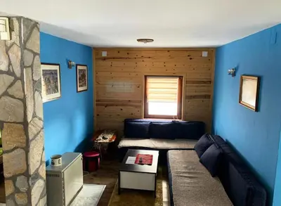 a living room with blue walls and a couch at Apartman Tanja in Kopaonik
