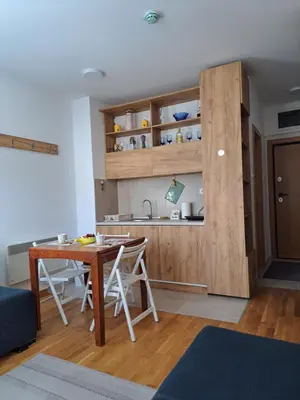 a kitchen with a table and chairs and a counter at Vila Irina - Studio 11 lux in Kopaonik