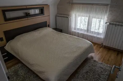 a bedroom with a bed and a window at VILA JEZERO in Kopaonik