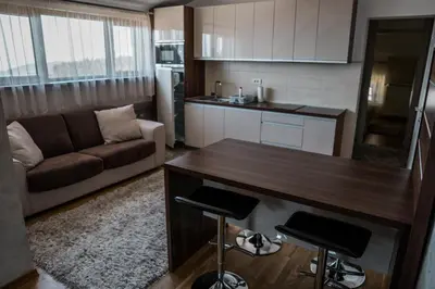 a kitchen and living room with a couch and a table at VILA JEZERO in Kopaonik
