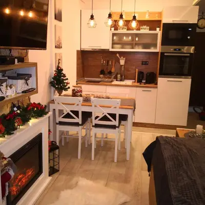 a kitchen and dining room with a table and a fireplace at Lux Suite S5 Milmari Resort in Kopaonik