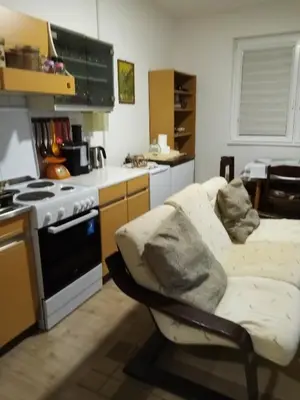 a kitchen with a stove and a couch in it at Vila I in Niška Banja