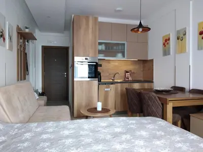 a kitchen and living room with a bed and a table at Apartment Deluxe Sunny Valley Milmari S8 in Kopaonik