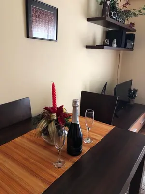 a table with a bottle of wine and two glasses at Studio Mišel in Vrnjačka Banja