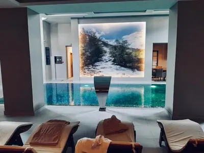 a room with a swimming pool with a painting on the wall at Silver Kop apartmani in Kopaonik