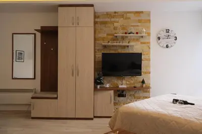 a bedroom with a tv in a brick wall at Apartman D&V Milmari Resort S10 in Kopaonik