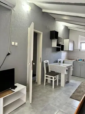 a living room with a table and a kitchen at Apartman Sava in Niš