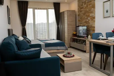 a living room with a bed and a couch and a tv at Milmari S30 in Kopaonik