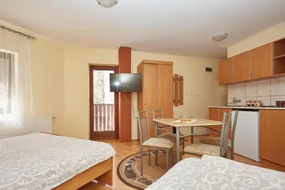 a room with a kitchen and a table with chairs at Apartmani Stojadinović in Soko Banja