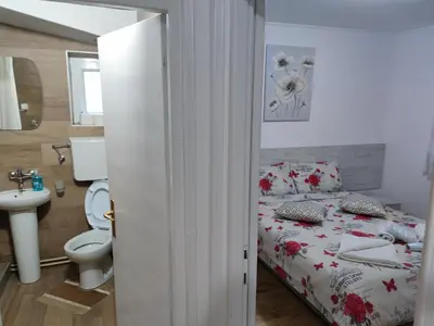 a bedroom with a bed and a toilet and a sink at Lili apartman u parku in Vrnjačka Banja