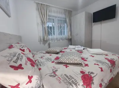 a bed with a comforter with butterflies on it at Lili apartman u parku in Vrnjačka Banja