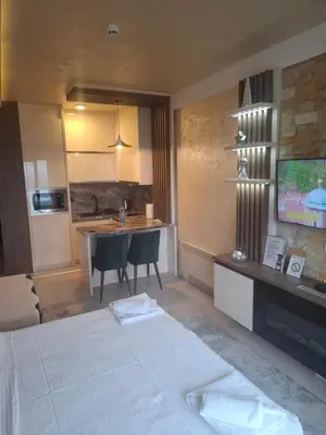 a hotel room with a bed and a kitchen at Apartmani Fashion -Milmari Resort in Kopaonik