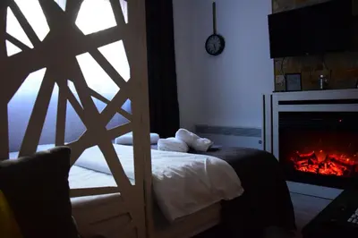 a bedroom with a bed and a fireplace at Apartman Suny N58 in Kopaonik