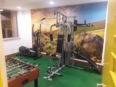 a gym with a treadmill and a painting on the wall at Kopaonik Foka Spa Brzeće in Brzeće