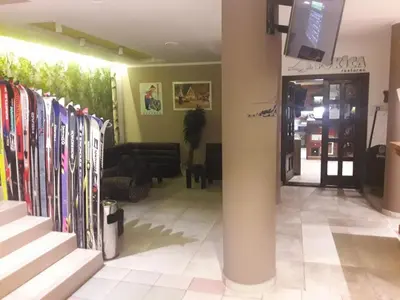 a group of skis are lined up in a store at Kopaonik Foka Spa Brzeće in Brzeće