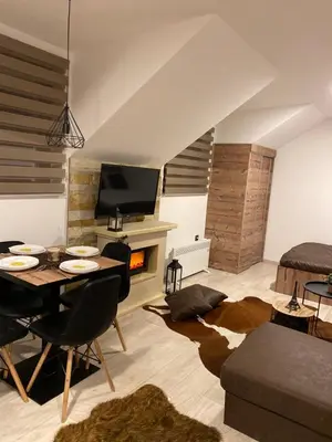 a living room with a table and a fireplace at Studio Apartment Station Kopaonik,Milmari Resort in Kopaonik