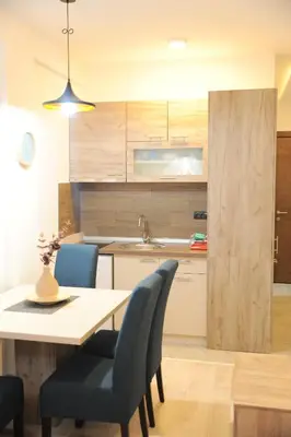 a kitchen with a table and chairs and a kitchen with a sink at APARTMAN BIKI in Kopaonik