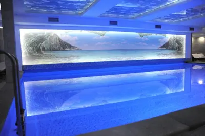 a swimming pool with a painting of the ocean at APARTMAN BIKI in Kopaonik