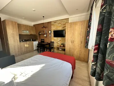 a bedroom with a bed and a kitchen with a table at Nana S44 Milmari Spa&Wellness in Kopaonik