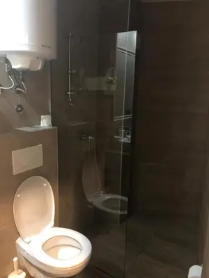 a bathroom with a toilet and a glass shower at Apartman “EMI” in Kopaonik