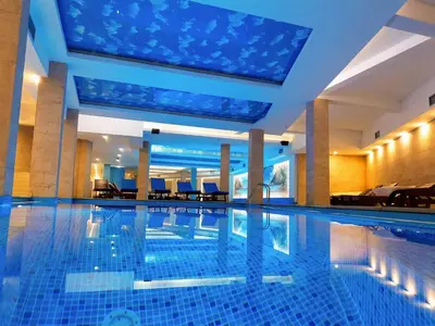 a swimming pool in a hotel with a large ceiling at Kopaonik Milmari Spa and Wellness Wooden Horn S21 in Kopaonik