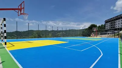 a basketball court with a basketball hoop at Kopaonik Milmari Spa and Wellness Wooden Horn S21 in Kopaonik