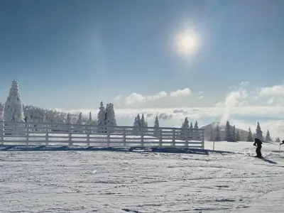 a person standing in a snow covered field with a fence at Teddy Apartman Kula Konaci in Kopaonik
