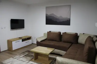 a living room with a couch and a tv at Sunčani breg in Kopaonik