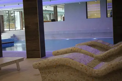a room with a couch and a swimming pool at Sunčani breg in Kopaonik